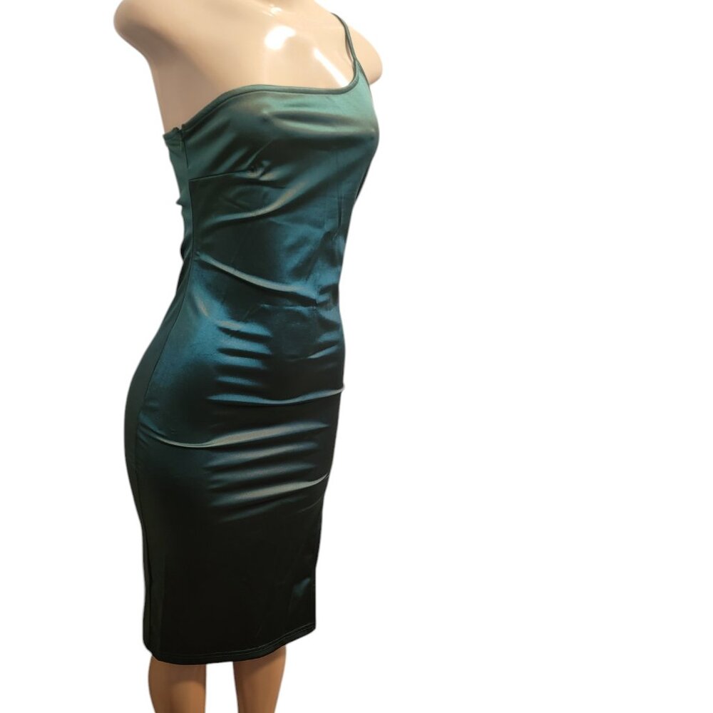 Elegant One Shoulder Sleeveless Split Hem Satin Party Cocktail Midi Dress Green - Picture 5 of 13